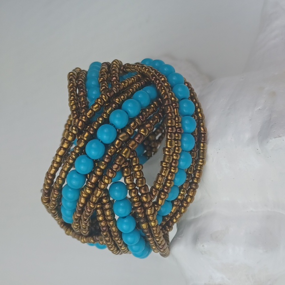 Brassy & Turquoise Tone Beaded Boho Braided Wrap Bracelet EUC